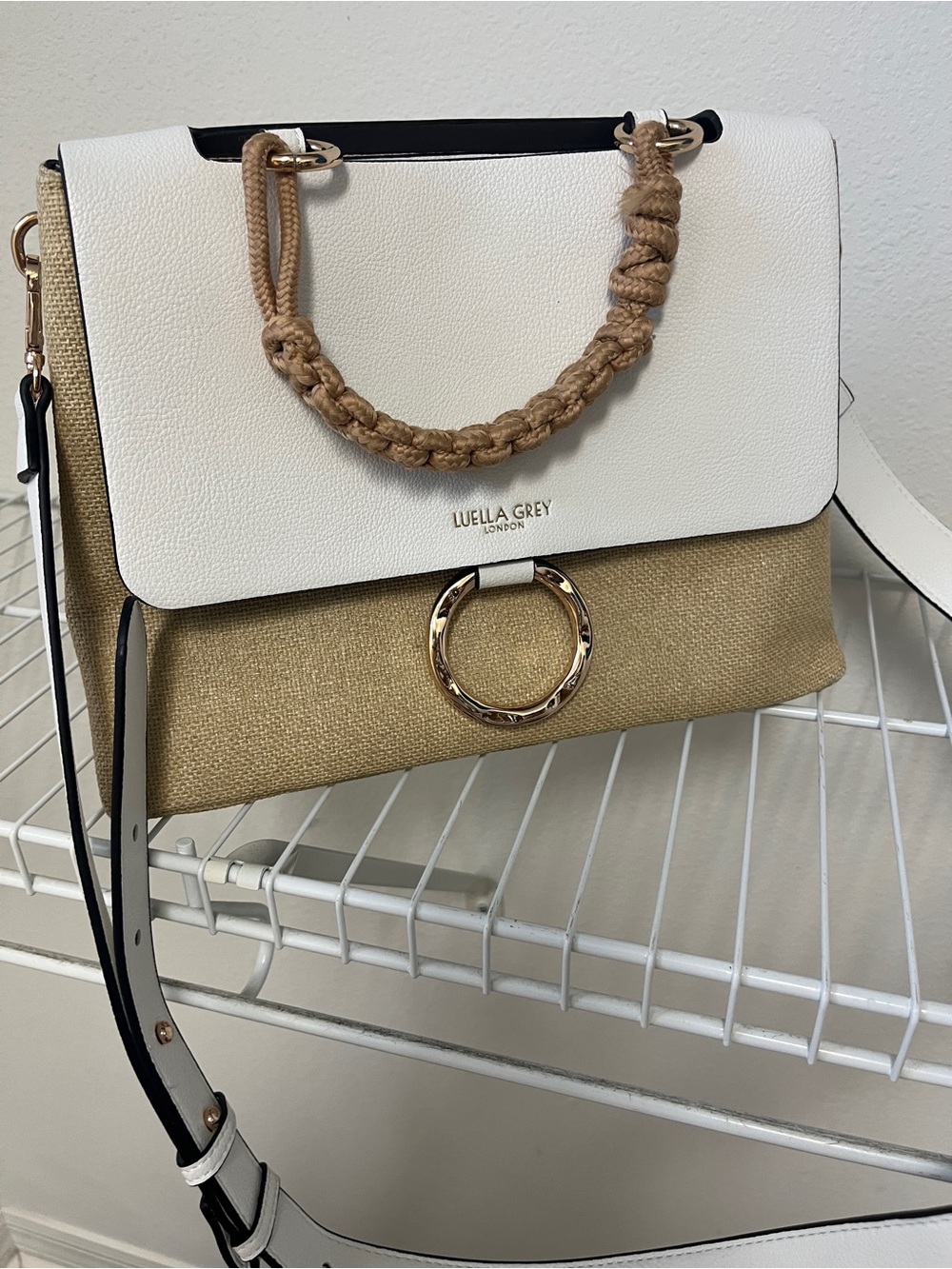 White & Tan Braided-Handle Satchel